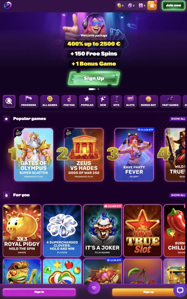 SlotRave mobile casino portrait screen