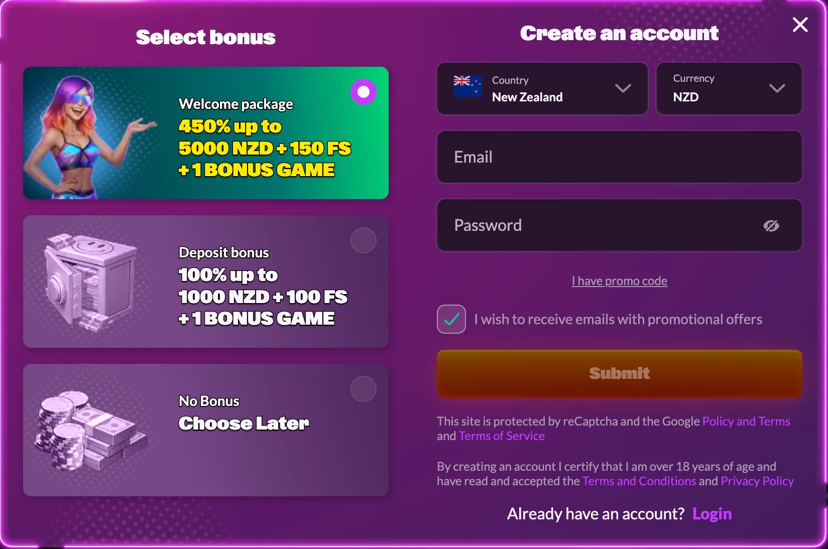 SlotRave registration form screen